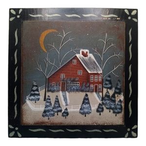 Red bird wall art, after snowfall, folk art, winter cabin